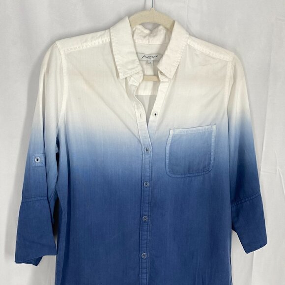 FOXCROFT Womens Blue Curved Hem Roll-tab Sleeve Collared Button Up Top Size 2 - Picture 3 of 7